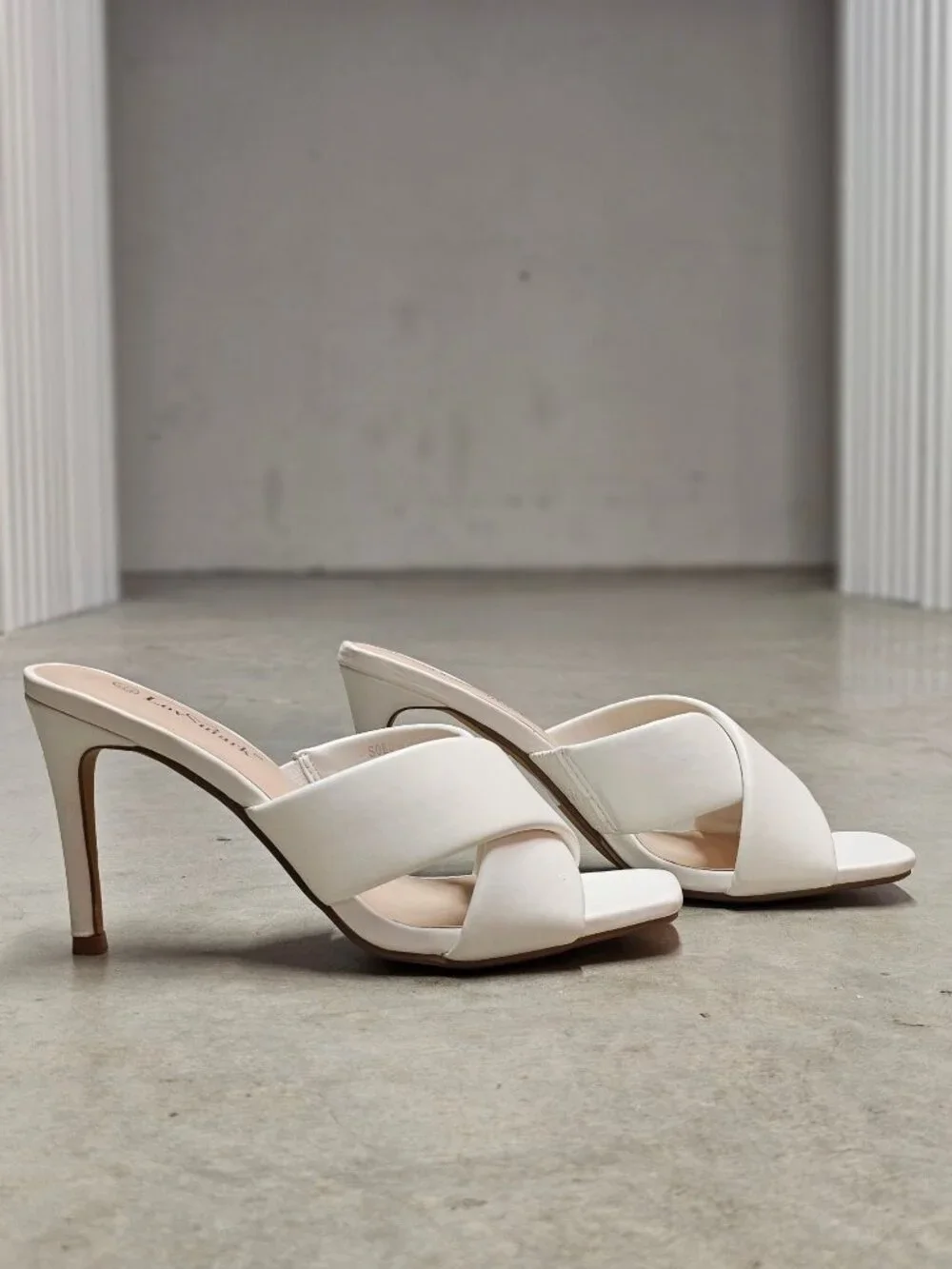 White Cross Strap Stiletto Heel Mules With Square Toe Design For Women